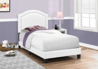 Monarch Twin Size Contemporary Upholstered Bed Frame with Chrome Nail Head Trim and Wood Legs - White Leather Look(m-2)
