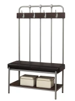 Monarch 60" Contemporary Padded Seat Hall Entry Shoe Bench with Coat Storage Hooks - Charcoal Grey Metal / Cappuccino Brown Finish(m-1)