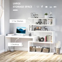 HomCom Rotating Home Office Corner Desk and Storage Shelf Combo - Wood Grain White(m-5)