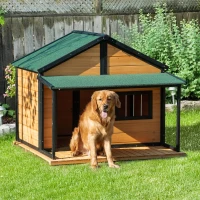 PawHut Outdoor Dog House Cabin Style, Wooden Raised Pet Kennel with Asphalt Roof, Front Door, Side Window, Porch for Medium/Large Dogs, Loading 53 Lbs., Yellow(m-8)