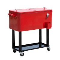 Outdoor Rolling Cooler Cart, 80 Quart Portable Patio Party Ice Chest with Wheels, Steel Construction, Red(m-1)