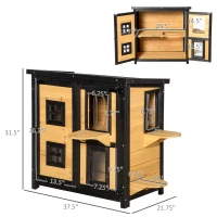 PawHut 2-Tier Cat House, Outdoor Feral Cat Shelter, with Weather Resistant Roof, Escape Door, PVC Curtain, Glass Window, Yellow(m-3)
