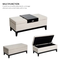 HOMCOM 42" Rectangular Storage Ottoman Bench, Linen Fabric Coffee Table Ottoman with Removable Tray for Living Room, Entryway, or Bedroom, Cream White(m-4)