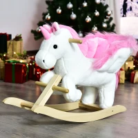 Qaba 22" Kids Wooden Plush Ride-On Unicorn Rocking Horse Toy Rocker with Sing Along Songs Realistic Sounds and Safety Seatbelt(m-1)