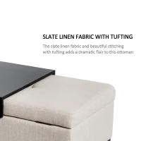 HOMCOM 42" Rectangular Storage Ottoman Bench, Linen Fabric Coffee Table Ottoman with Removable Tray for Living Room, Entryway, or Bedroom, Cream White(m-7)