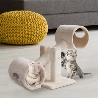 PawHut Cat Tree Tunnel Scratching Post Activity Furniture Teeter Totter - Beige(m-1)
