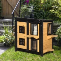 PawHut 2-Tier Cat House, Outdoor Feral Cat Shelter, with Weather Resistant Roof, Escape Door, PVC Curtain, Glass Window, Yellow(m-2)