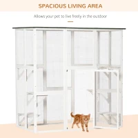 PawHut Outdoor Cat House Big Catio Wooden Feral Cat Shelter Enclosure with Large Spacious Interior, 6 High Ledges, Weather Protection Asphalt Roof, 71" L, White(m-7)