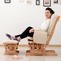 HomCom 2 Piece Ultra-Plush Reclining Rocking Chair with Gliding Ottoman Set - White / Natural Wood(m-5)