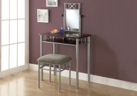 Monarch 2-Piece Modern Wood Grain-Look Top Grey Metal Frame Vanity Makeup Table Set with Padded Bench Seat and Mirror - Cappuccino Brown Finish(m-2)