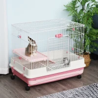 PawHut 32" Indoor Rabbit Enclosure Small Animal House Habitat with Wheels - Pink(m-2)
