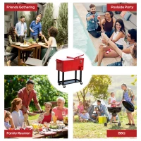 Outdoor Rolling Cooler Cart, 80 Quart Portable Patio Party Ice Chest with Wheels, Steel Construction, Red(m-6)