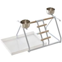 PawHut Bird PlayStand with Wooden Perch Ladder Feeding Cups for Macaw Parrot Conure White(m-6)