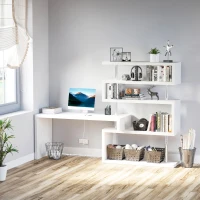 HomCom Rotating Home Office Corner Desk and Storage Shelf Combo - Wood Grain White(m-9)