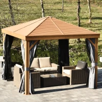 Outsunny 10' x 10' Wood Backyard Hardtop Canopy Gazebo with Screened Curtains, Sling Netting and Strong Frame(m-2)