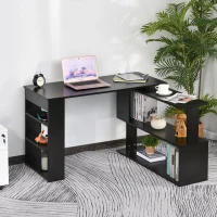 HomCom 360° Rotating Home Office Corner Desk and Storage Shelf Combo L-Shaped Table Workstation - Black(m-1)