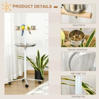 PawHut Rolling Parrot Stand with Lightweight Design, Metal Bird Stand with Wheels, Wooden Parrot Perch Stand, Stainless Steel Bird Food Bowls, Pure White(m-6)