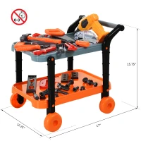 HOMCOM 32pc Kids Tool Set Pretend Play Construction with Rolling Cart Orange/Grey(m-3)