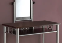 Monarch 2-Piece Modern Wood Grain-Look Top Grey Metal Frame Vanity Makeup Table Set with Padded Bench Seat and Mirror - Cappuccino Brown Finish(m-3)