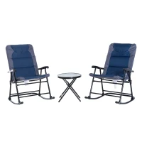 Outsunny 3 Piece Outdoor Patio Set with Glass Coffee Table & 2 Folding Padded Rocking Chairs, Navy Blue(m-1)