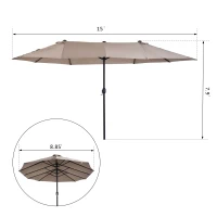 Outsunny 15' Double Sided Market Patio Umbrella, Steel Outdoor Shade Canopy for Garden and Poolside, Tan(m-2)