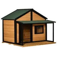 PawHut Outdoor Dog House Cabin Style, Wooden Raised Pet Kennel with Asphalt Roof, Front Door, Side Window, Porch for Medium/Large Dogs, Loading 53 Lbs., Yellow(m-1)
