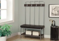 Monarch 60" Contemporary Padded Seat Hall Entry Shoe Bench with Coat Storage Hooks - Charcoal Grey Metal / Cappuccino Brown Finish(m-2)