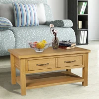 HomCom Solid Oak Frame Rectangle Coffee Table with Drawer and Lower Storage Shelf(m-3)
