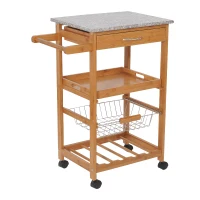 HomCom 31" Wooden Kitchen Island Rolling Storage Cart Dining Food Service Cabinet Trolley With Granite Top and Wine Rack(m-1)