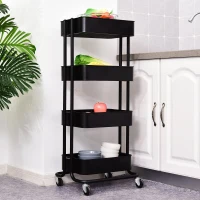 HOMCOM 4-Tier Rolling Metal Kitchen Utility Cart Trolley with Storage - Black(m-2)
