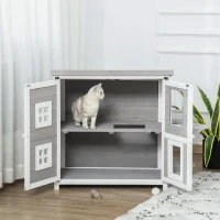 PawHut 2-Tier Cat House, Outdoor Feral Cat Shelter, with Weather Resistant Roof, Escape Door, PVC Curtain, Glass Window, Grey(m-7)