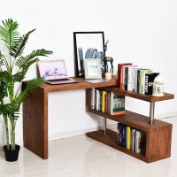 HOMCOM 75" 360 Degree Rotating Corner Computer Desk Modern L-Shaped Home Office Workstation with 2 Storage Shelves, Bookshelf, Walnut Brown(m-2)