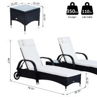 Outsunny 3PC Wheeled Patio Rattan Lounge Set Adjustable Reclining Chaise w/ Side Table - Black(m-3)