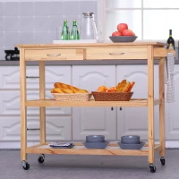 HomCom Kitchen Rolling Island Cart Trolley Cart Storage Rack Shelves w/ 2 Drawers - Pine Wood(m-1)