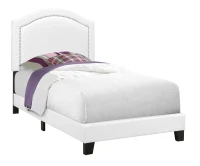 Monarch Twin Size Contemporary Upholstered Bed Frame with Chrome Nail Head Trim and Wood Legs - White Leather Look(m-1)