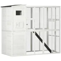 PawHut Wooden Cat Home Enclosure Pet House Shelter Cage Outdoor Play Area Run, White(m-1)