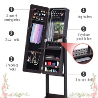 HOMCOM 58” Freestanding LED Jewelry Storage Cabinet Armoire with Full-Length Mirror Dark Coffee(m-4)