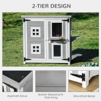 PawHut 2-Tier Cat House, Outdoor Feral Cat Shelter, with Weather Resistant Roof, Escape Door, PVC Curtain, Glass Window, Grey(m-6)