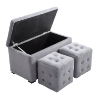 HomCom 3 Piece Microfiber Tufted Storage Bench and Nesting Ottoman Set - Grey(m-2)