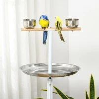 PawHut Rolling Parrot Stand with Lightweight Design, Metal Bird Stand with Wheels, Wooden Parrot Perch Stand, Stainless Steel Bird Food Bowls, Pure White(m-8)