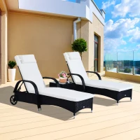 Outsunny 3PC Wheeled Patio Rattan Lounge Set Adjustable Reclining Chaise w/ Side Table - Black(m-2)