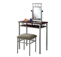 Monarch 2-Piece Modern Wood Grain-Look Top Grey Metal Frame Vanity Makeup Table Set with Padded Bench Seat and Mirror - Cappuccino Brown Finish(m-1)