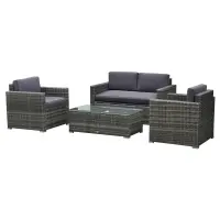Outsunny Outdoor Patio Rattan Wicker Sofa Set w/ Glass Coffee Table - Grey(m-1)