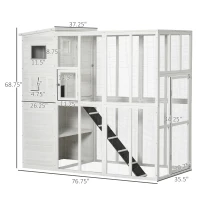 PawHut Wooden Cat Home Enclosure Pet House Shelter Cage Outdoor Play Area Run, White(m-3)