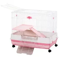 PawHut 32" Indoor Rabbit Enclosure Small Animal House Habitat with Wheels - Pink(m-1)