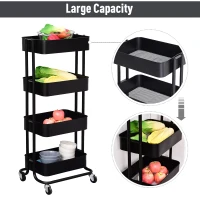 HOMCOM 4-Tier Rolling Metal Kitchen Utility Cart Trolley with Storage - Black(m-4)
