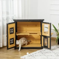 PawHut 2-Tier Cat House, Outdoor Feral Cat Shelter, with Weather Resistant Roof, Escape Door, PVC Curtain, Glass Window, Yellow(m-7)