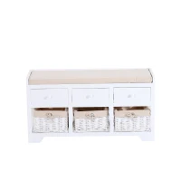 HomCom 39” Rustic Wooden 3 Drawer 3 Basket Storage Bench With Padded Seat  - White/Beige(m-3)