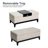 HOMCOM 42" Rectangular Storage Ottoman Bench, Linen Fabric Coffee Table Ottoman with Removable Tray for Living Room, Entryway, or Bedroom, Cream White(m-10)