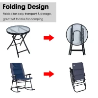 Outsunny 3 Piece Outdoor Patio Set with Glass Coffee Table & 2 Folding Padded Rocking Chairs, Navy Blue(m-5)